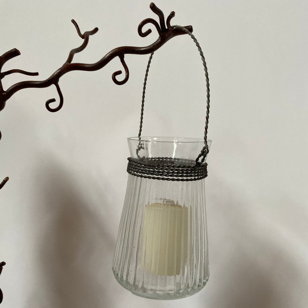 Pr of Firefly Ribbed Glass Hanging Candle Holder